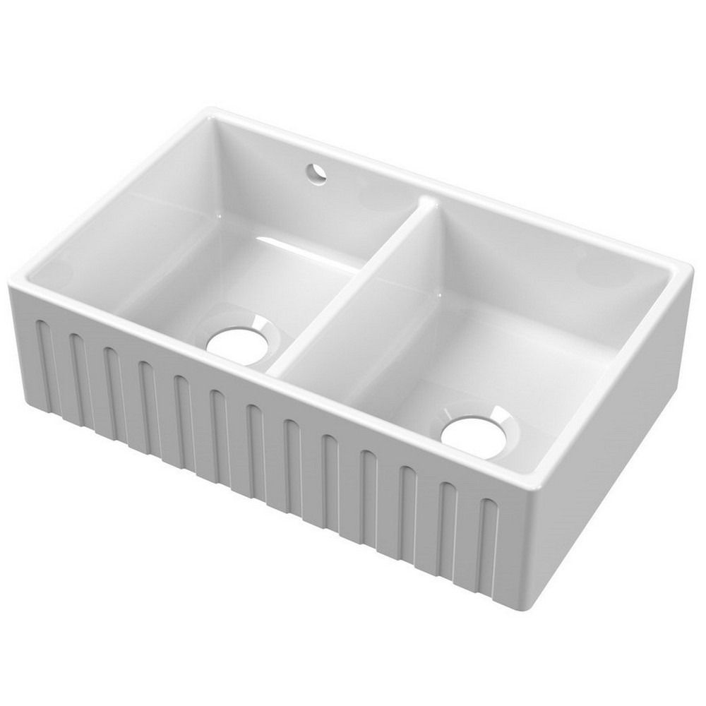 Nuie Butler 795 x 500mm White Fireclay Deco Stepped Weir Double Kitchen Sink (1)