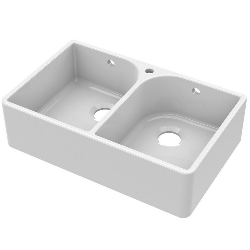 Nuie Butler 795 x 500mm White Fireclay Full Weir Double 1TH Sink & Overflows (1)