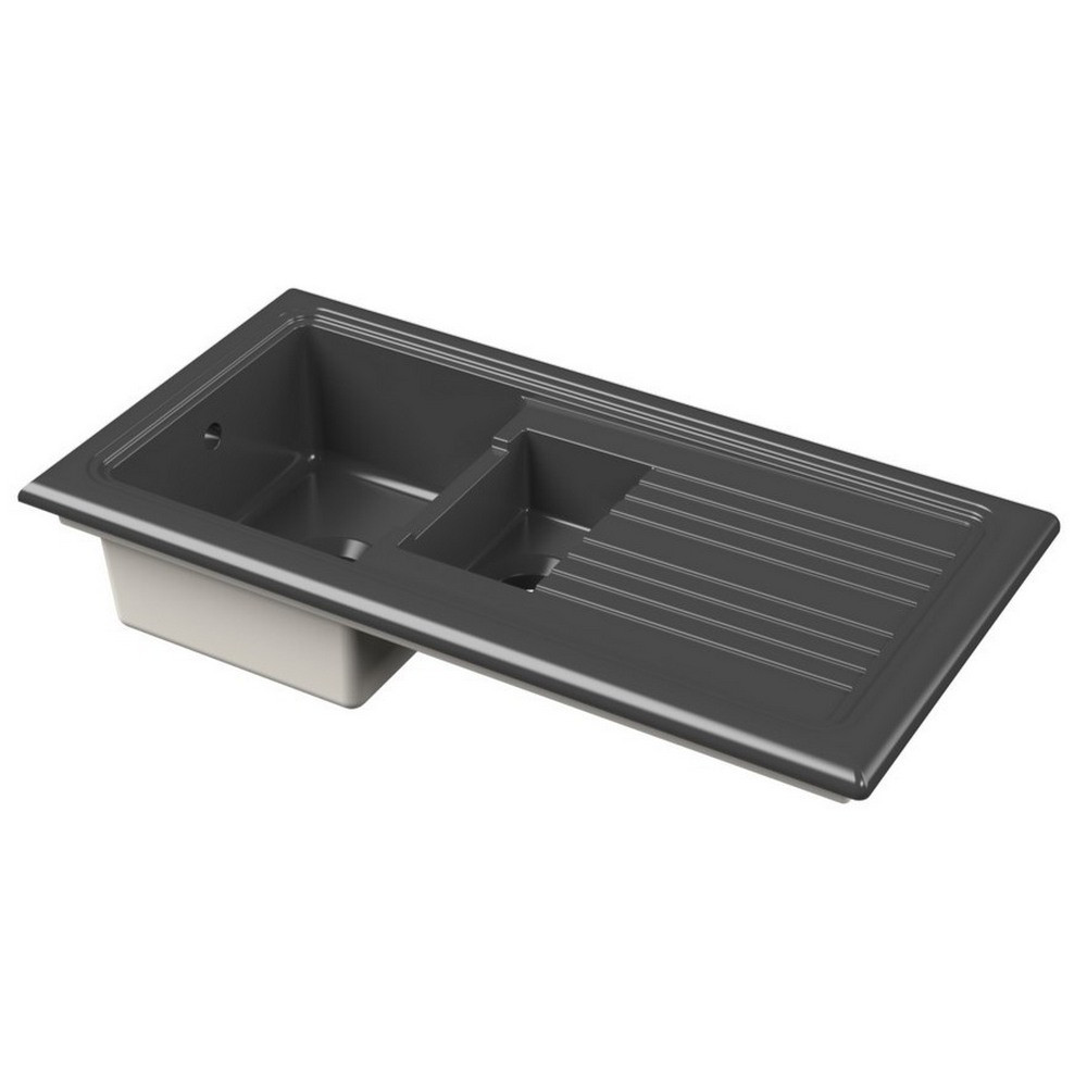 Nuie Countertop 1010 x 525mm Matt Black Fireclay 1.5 Bowl Kitchen Sink (1)