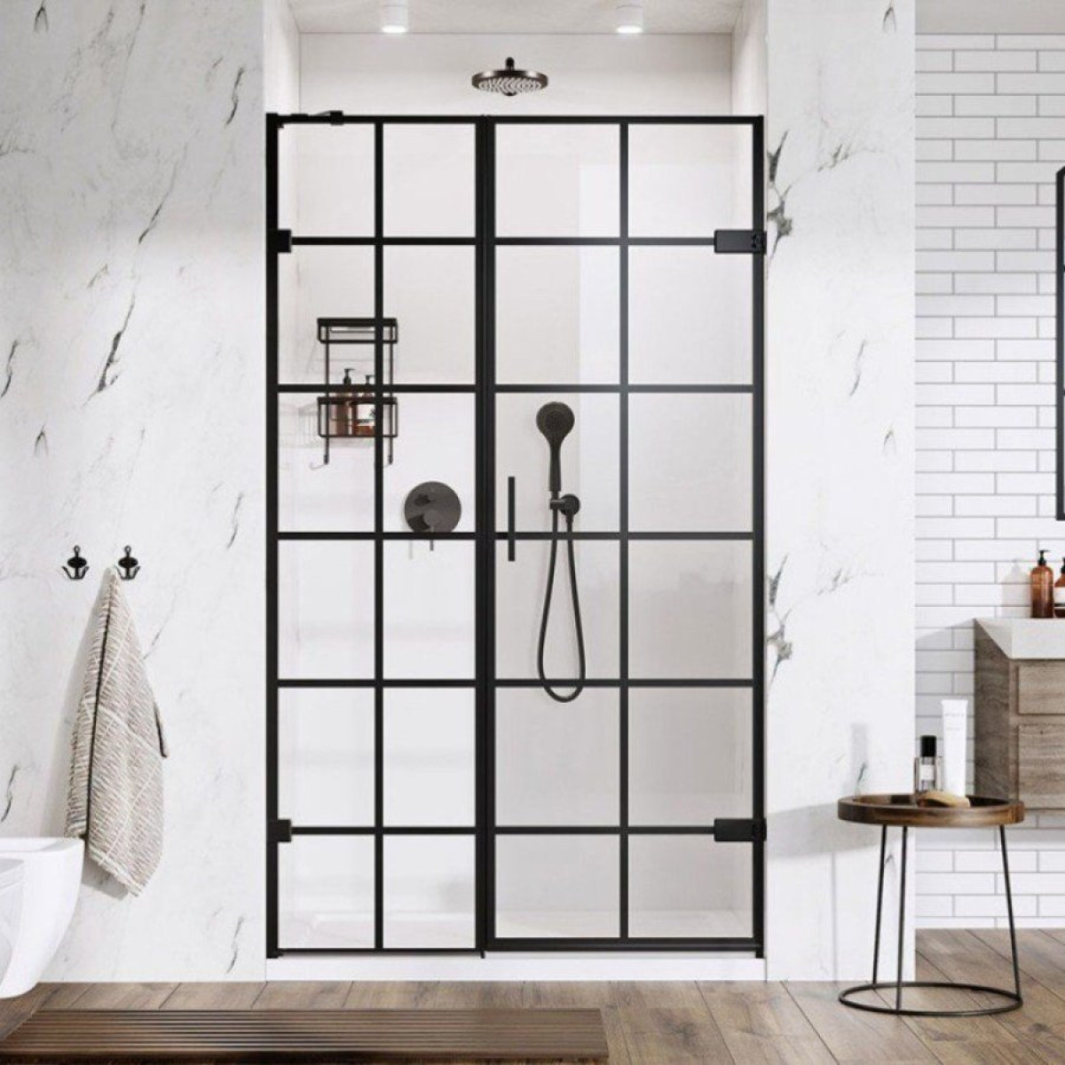black gridded shower door